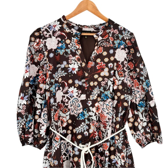 Sugarlips Journee Floral Jazlyn Split Neck Mini Dress size 2X Rope Belt Brown - Picture 4 of 12